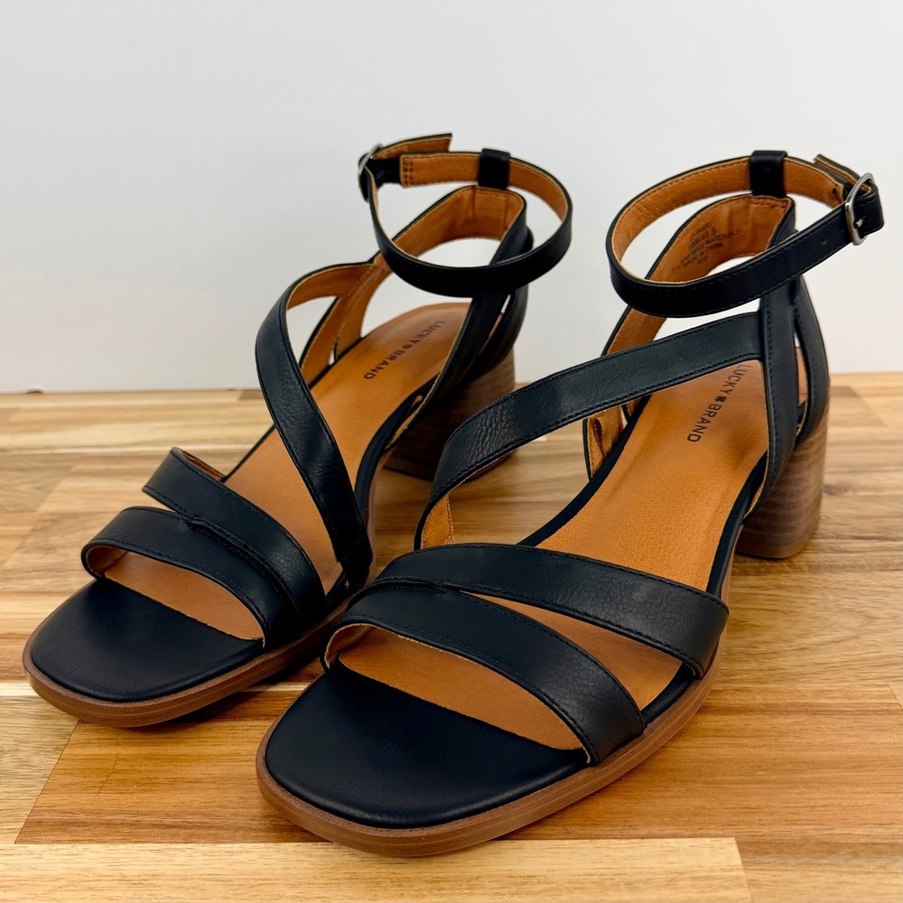 Lucky Brand Junnah‎ Black Strappy Block Heel Ankle Strap Sandals Womens 10M